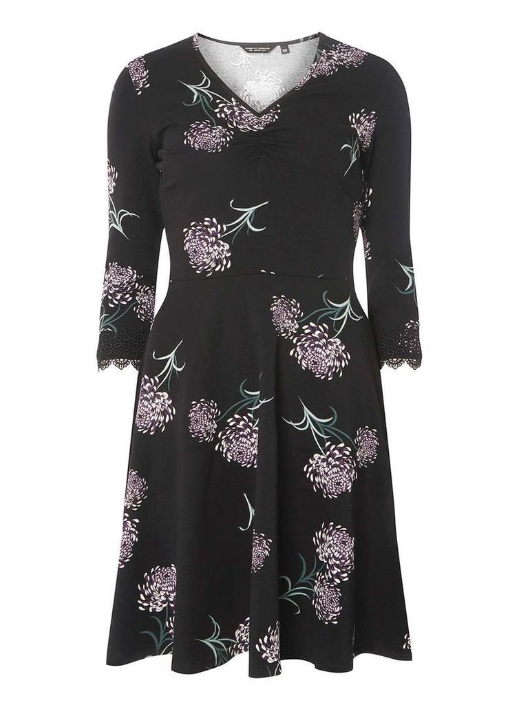 Womens Black Floral Print Fit and Flare Dress- Black