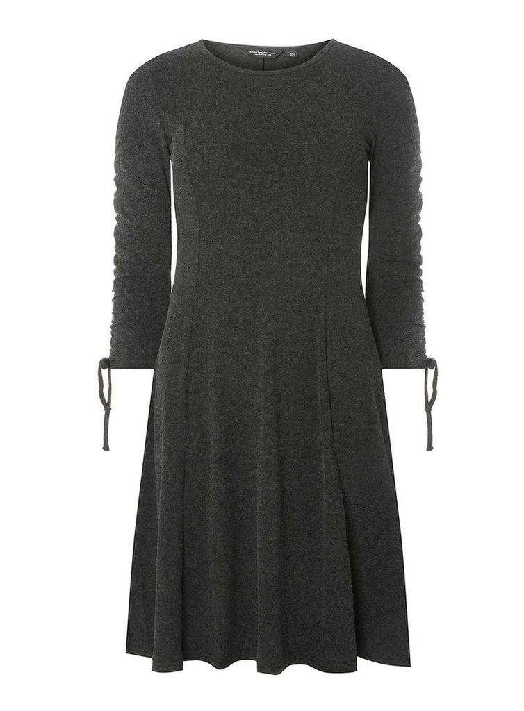 Womens Charcoal Ruched Sleeve Fit and Flare Dress- Grey, Grey