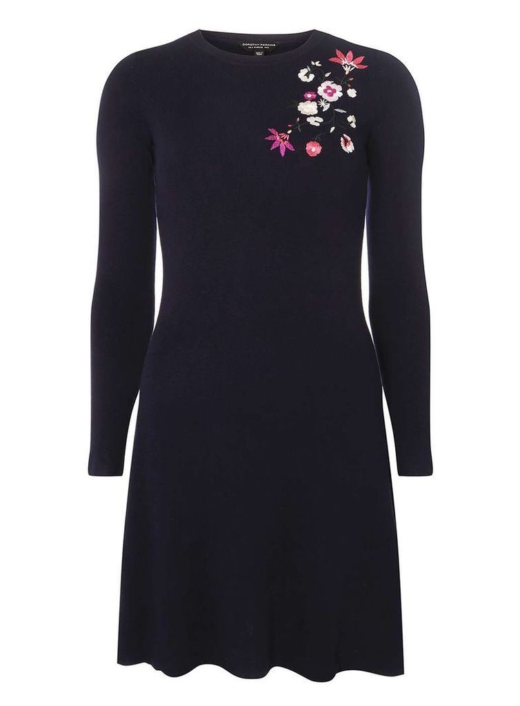 Womens Navy Floral Embroidered Fit and Flare Knitted Dress- Blue