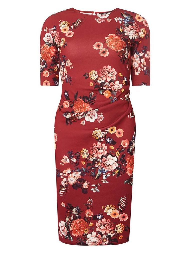 Womens Red Floral Print Ruched Side Bodycon Dress- Red