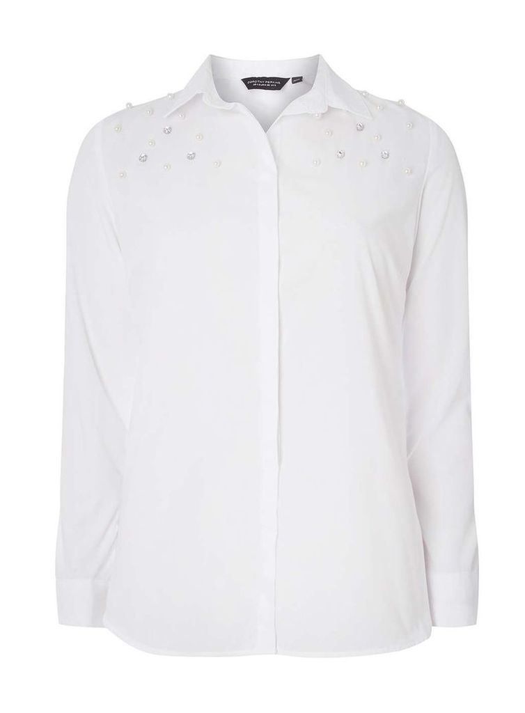Womens White Plain Embellished Shirt- White, White