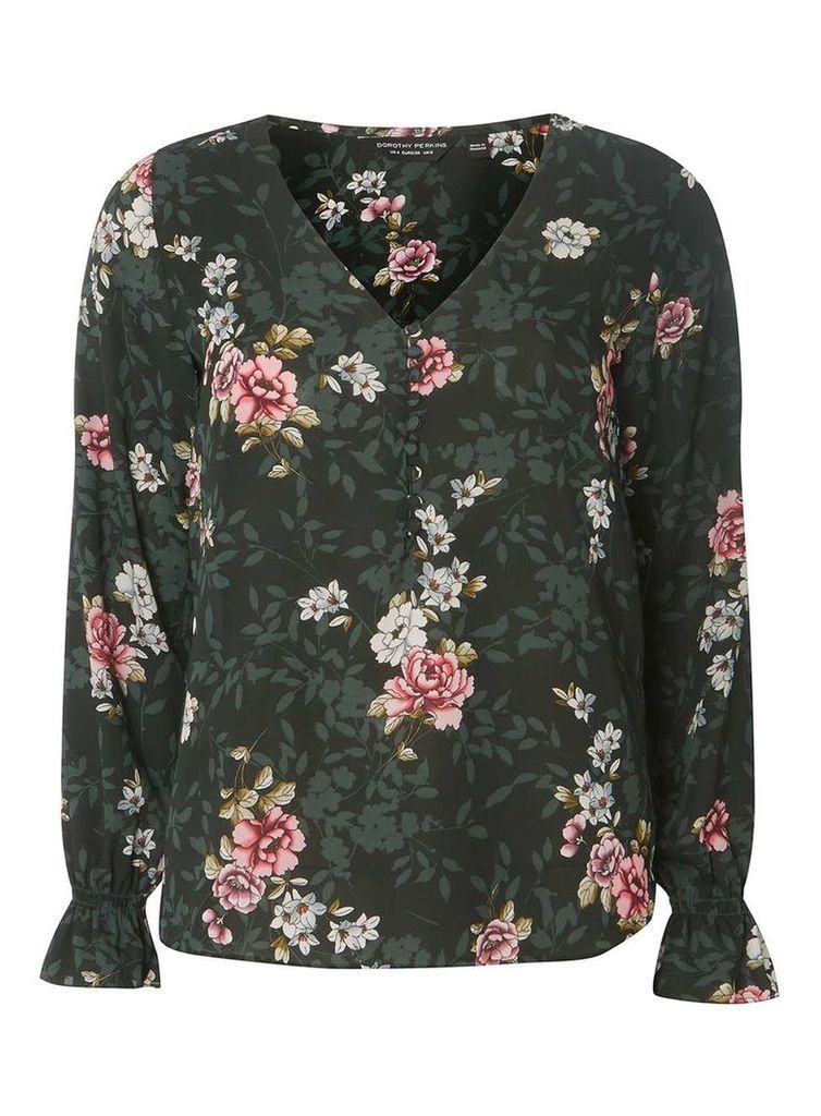 Womens Green Floral Print V-Neck Blouse- Green, Green