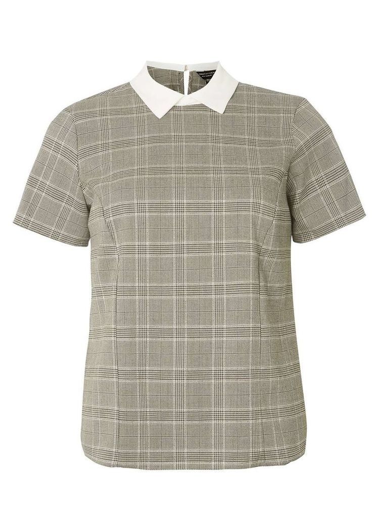 Womens Grey Checked T-Shirt with Collar- Grey, Grey
