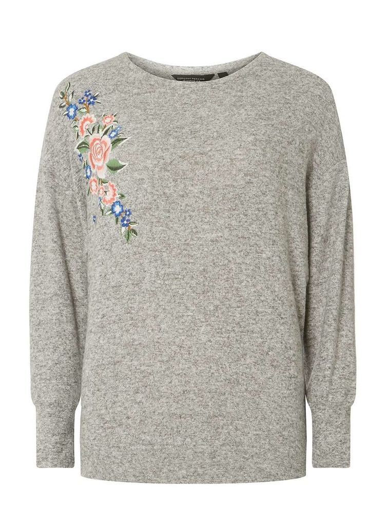 Womens Grey Floral Embroidered Jumper- Grey, Grey