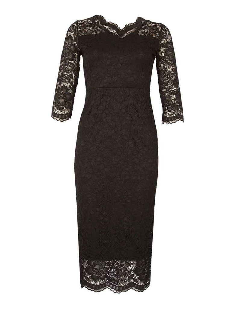 Womens *Feverfish Black Lace Scallop Bodycon Dress- Black, Black