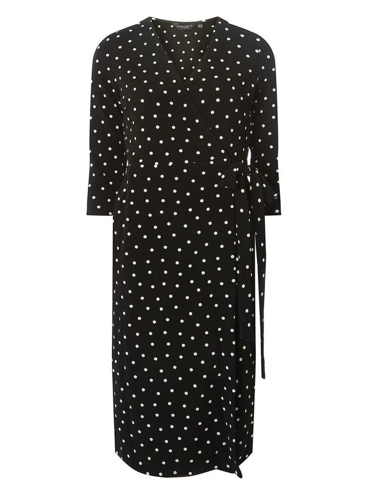 Womens Black and Ivory Spotted Wrap Dress- Black, Black