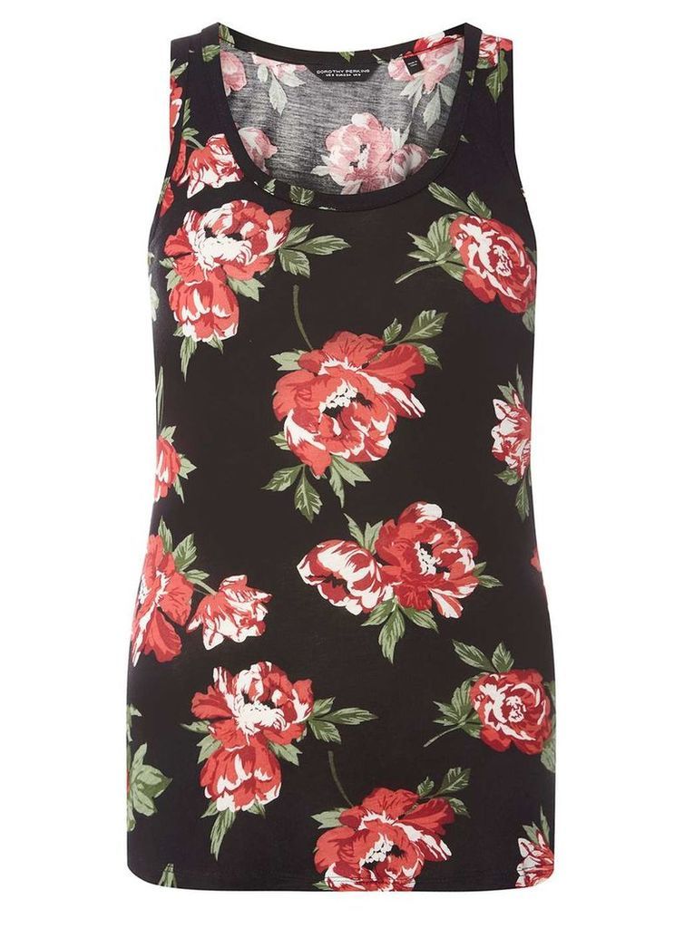 Womens Black And Red Rose Print Vest- Multi