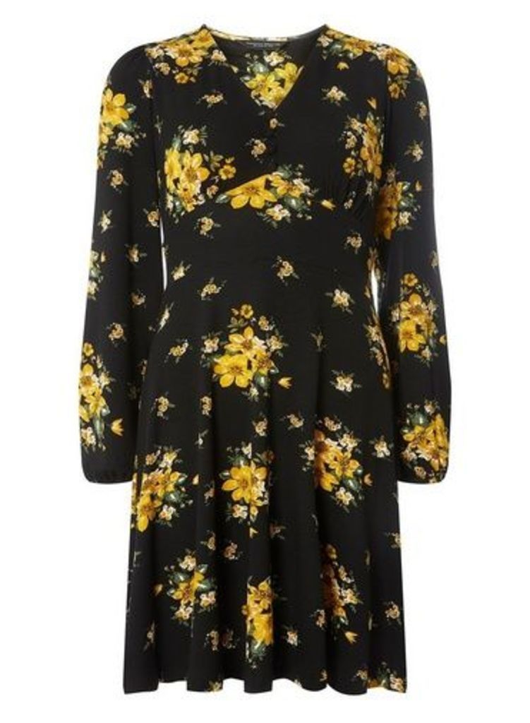Womens Black And Yellow Floral Print Fit And Flare Dress- Black, Black