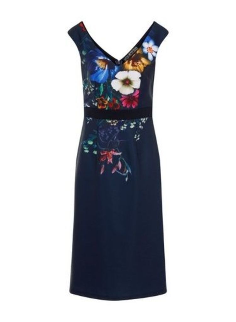 Womens Little Mistress Navy Floral Print Wiggle Bodycon Dress - Blue, Blue