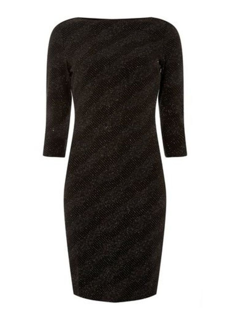 Womens Black Glitter Slash Neck Bodycon Dress- Multi Colour, Multi Colour
