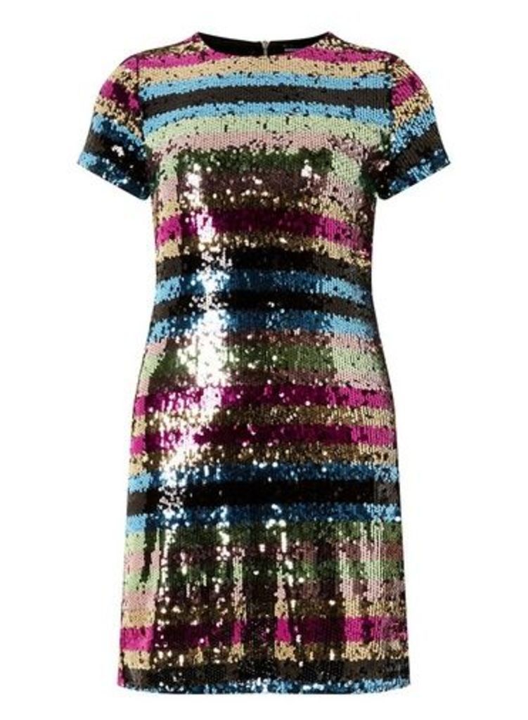 Womens Multi Colour Premium Sequin Embellished Striped Shift Dress- Multi Colour, Multi Colour
