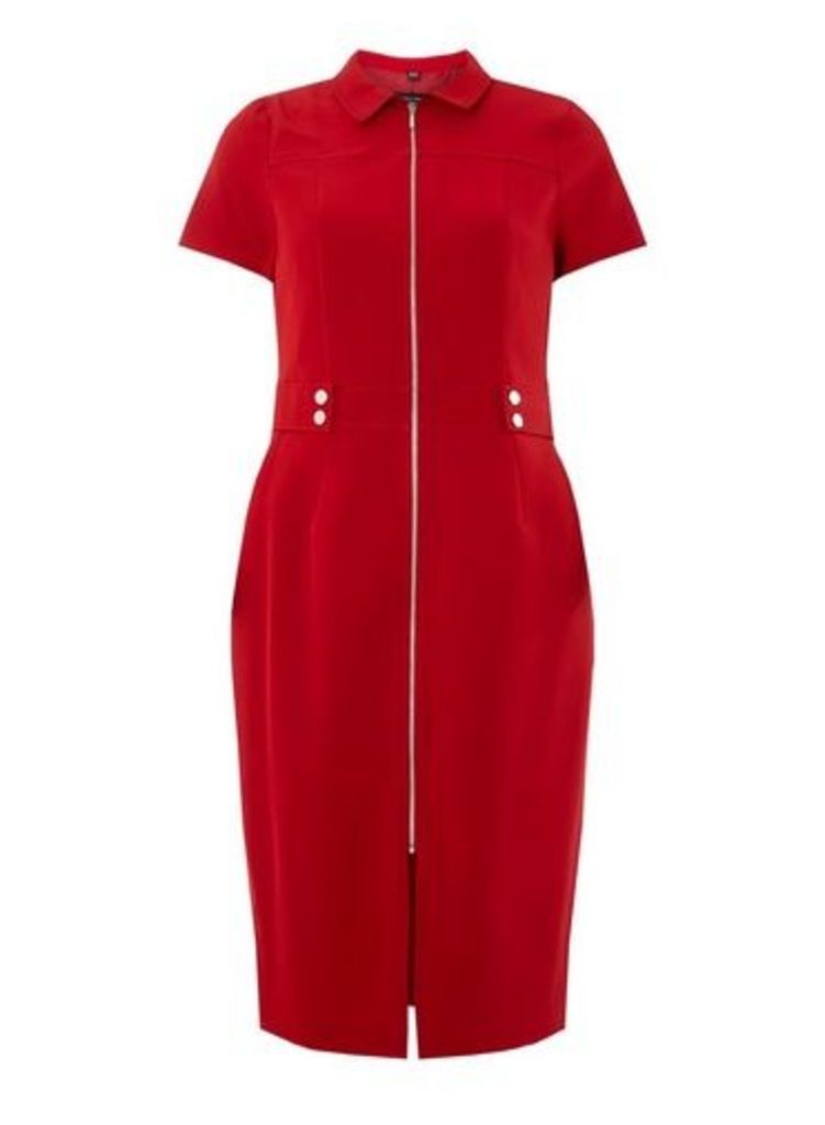 Womens Red Zip Front Pencil Dress- Red, Red