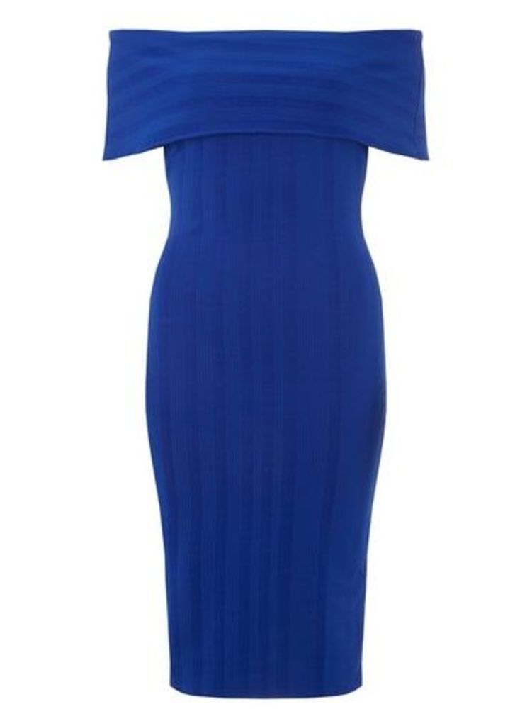 Womens **Cobalt Blue Textured Bardot Dress, Cobalt