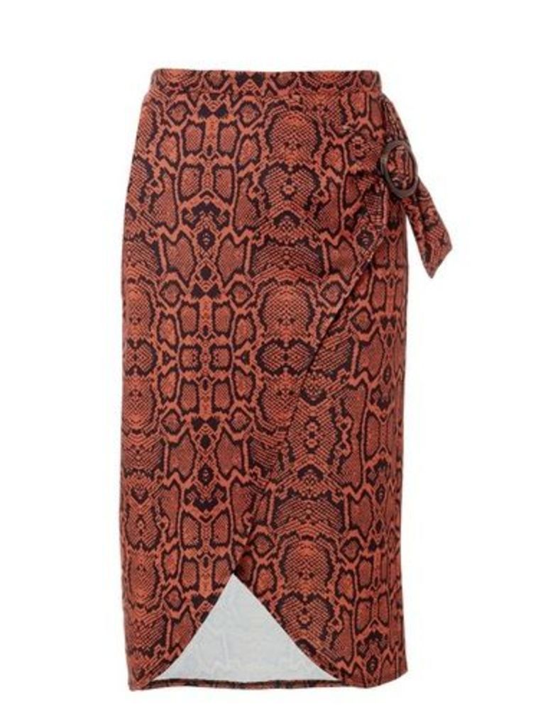 Womens Rust Snake Print Wrap Pencil Skirt- Red, Red