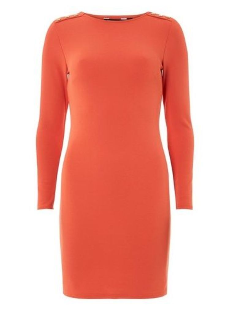 Womens Orange Button Shoulder Bodycon Dress- Red, Red