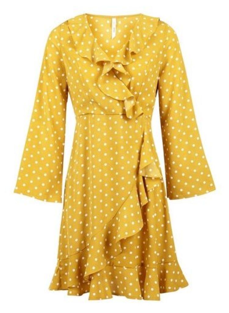 Womens *Izabel London Yellow Polka Dot Wrap Dress- Yellow, Yellow