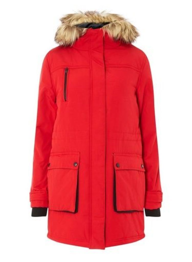 Womens Red Padded Faux Fur Hood Parka Coat- Red, Red