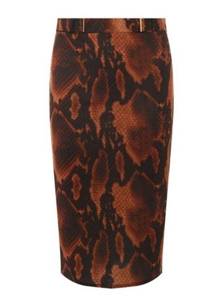 Womens Brown Snake Belted Pencil Skirt- Brown, Brown