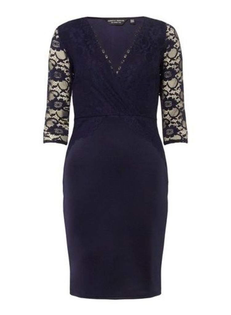 Womens **Navy Lace Top Bodycon Dress- Navy, Navy