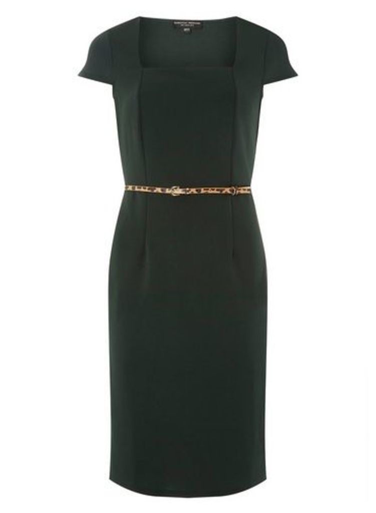 Womens Green Square Neck Belted Pencil Dress- Green, Green