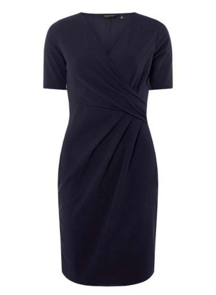Womens **Navy Short Sleeve Wrap Pencil Dress- Blue, Blue