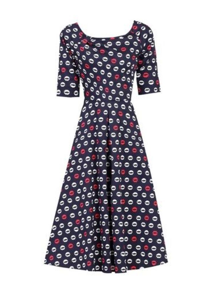 Womens Jolie Moi Navy Printed Fit And Flare Dress - Blue, Blue