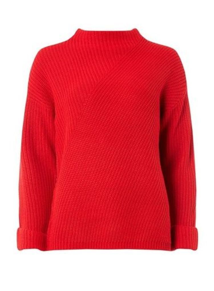 Womens Red Diagonal Rib High Neck Jumper- Red, Red