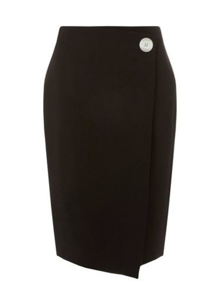 Womens Black Contrast Button Wrap Skirt- Black, Black