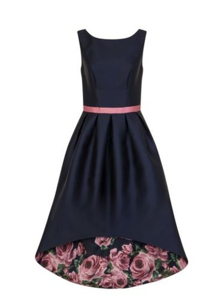 Womens Chi Chi London Navy Floral Print Dip Hem Fit And Flare Dress, Navy