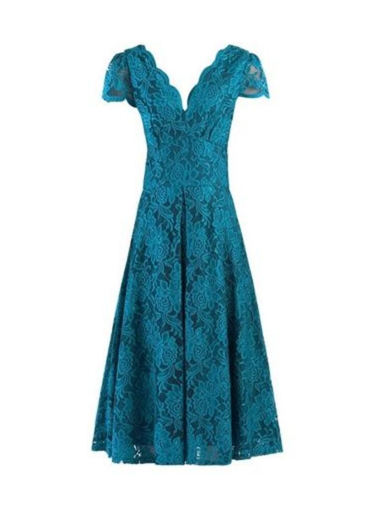 Womens **Jolie Moi Teal Scalloped Lace Dress, Teal