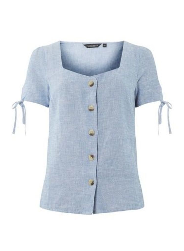 Womens Chambray Button Top With Linen- Blue, Blue