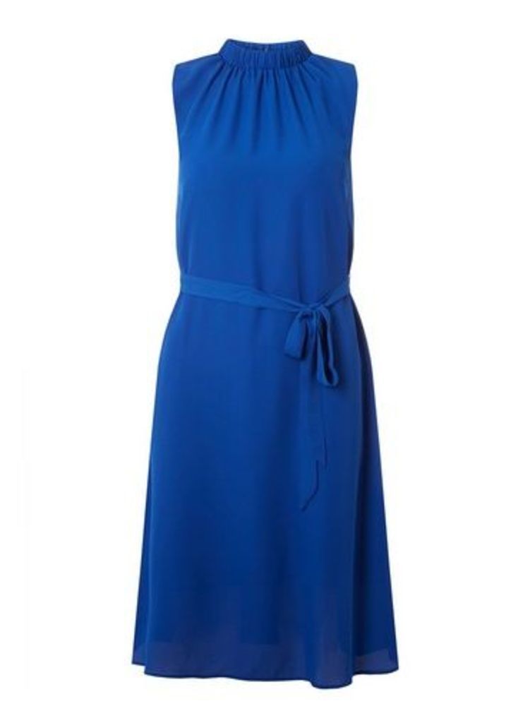 Womens Cobalt Blue High Neck Chiffon Midi Dress, Cobalt