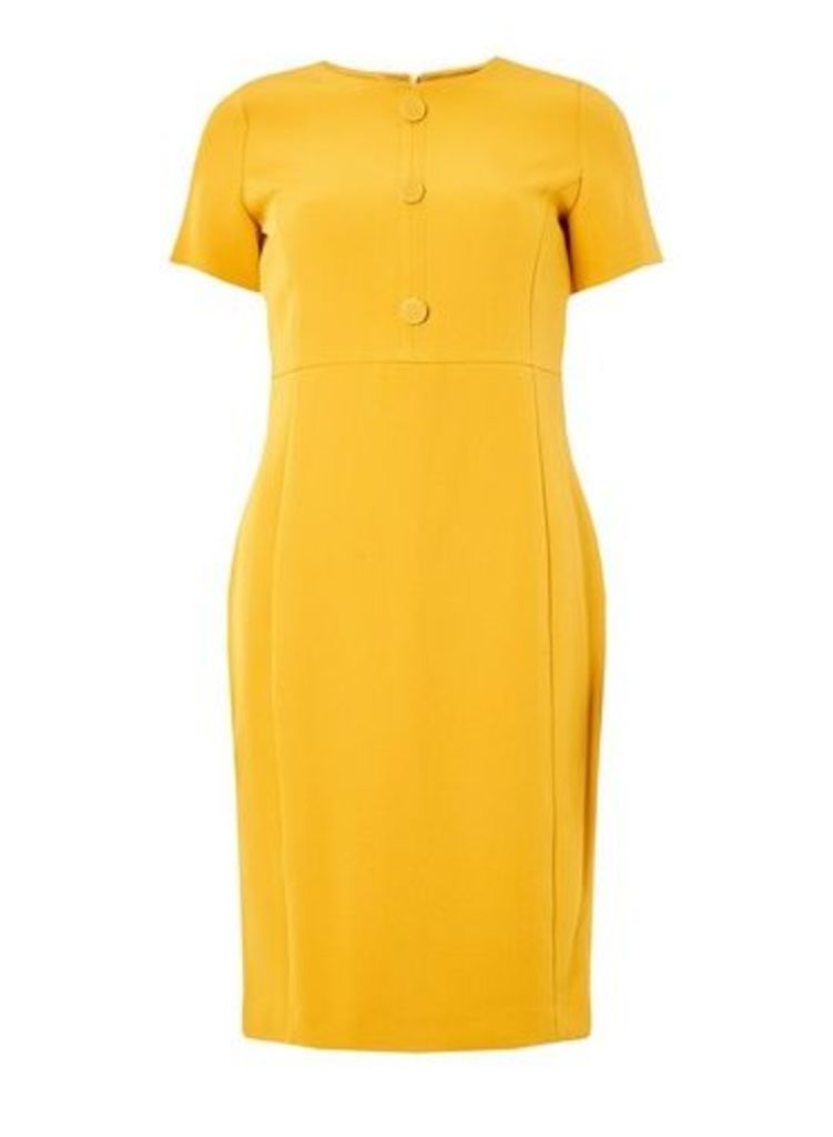 Womens Yellow Button Front Pencil Dress- Yellow, Yellow