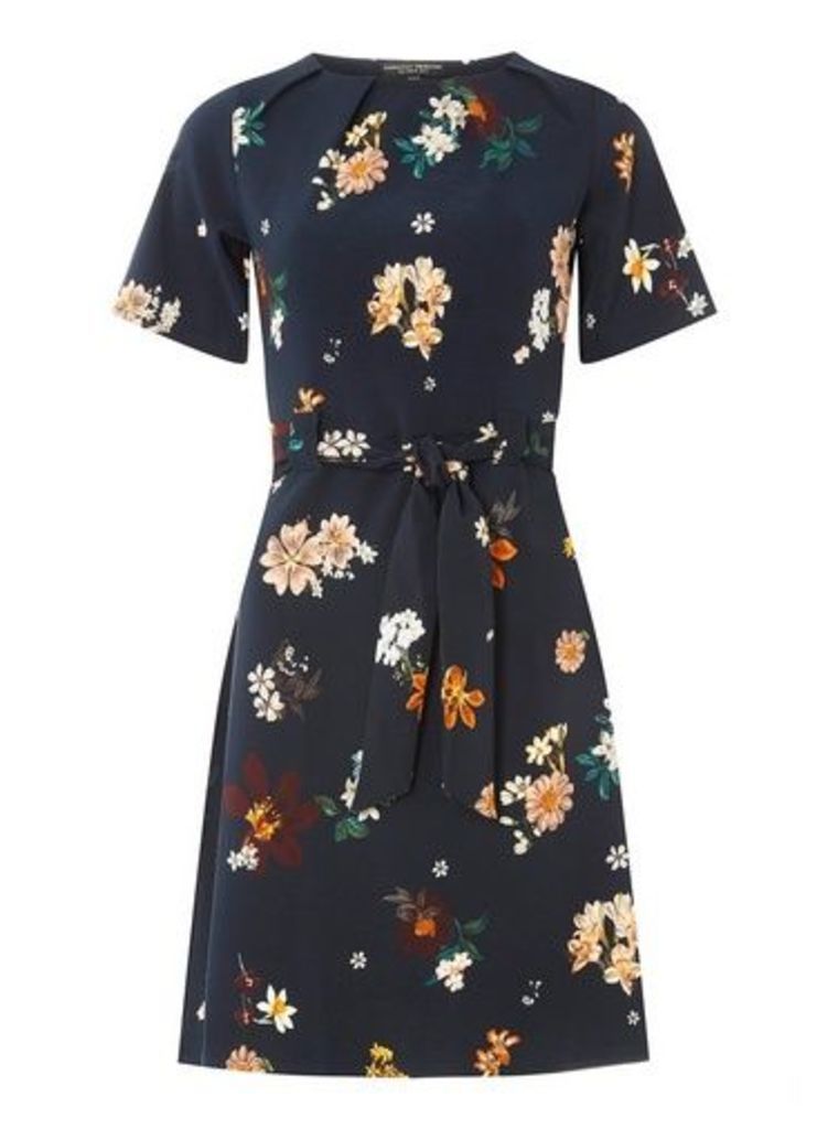 Womens Navy Floral Print Pleated Skater Dress- Blue, Blue
