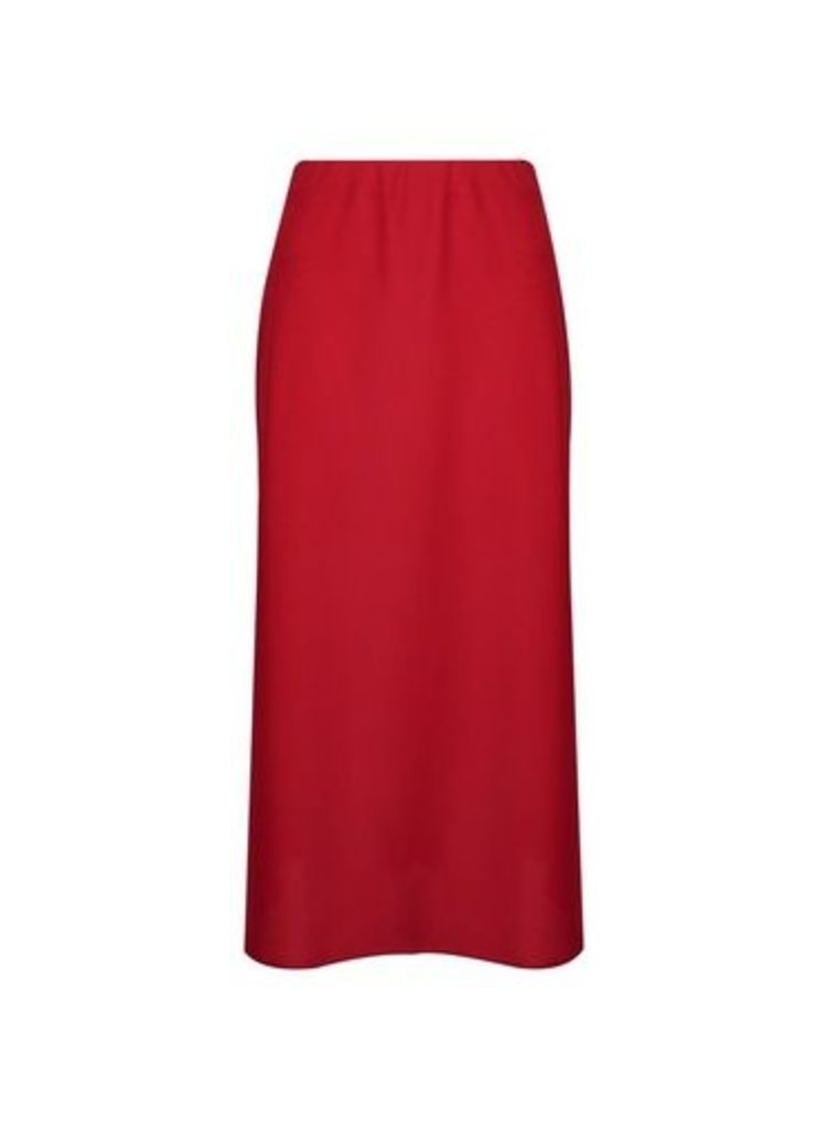 Womens Red Bias Satin Midi Skirt- Red, Red