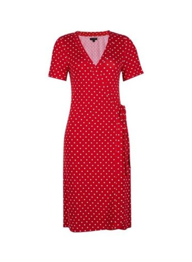 Womens Red Spot Print Wrap Dress- Red, Red