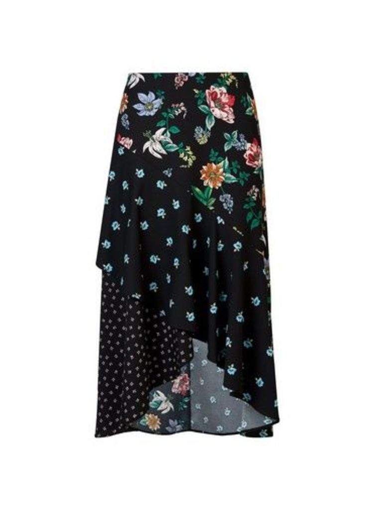 Womens **Black Floral Print Mix Asymmetric Skirt, Black
