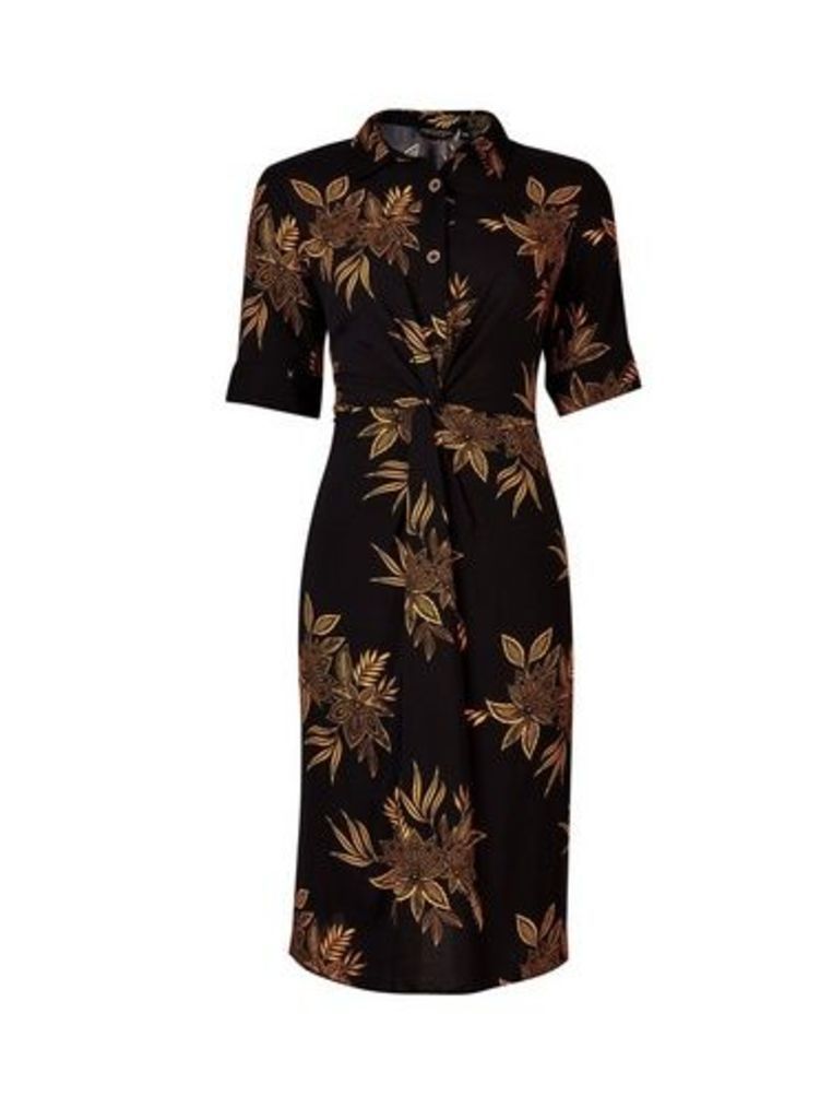 Womens **Black And Yellow Floral Print Knot Front Dress- Black, Black