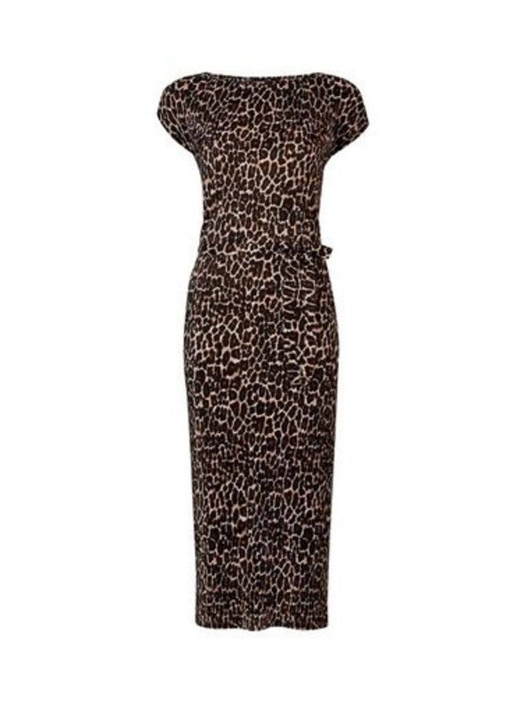 Womens **Leopard Print Plisse Midi Dress- Leopard, Leopard