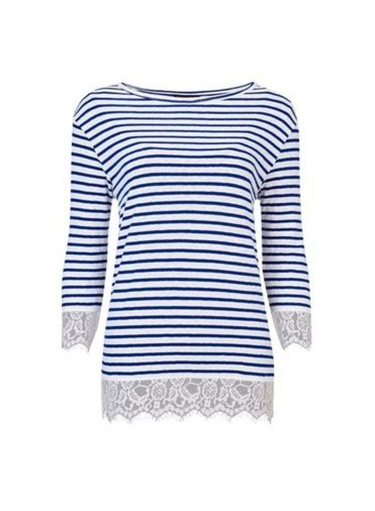 Womens Ivory And Navy Striped Top- Blue, Blue