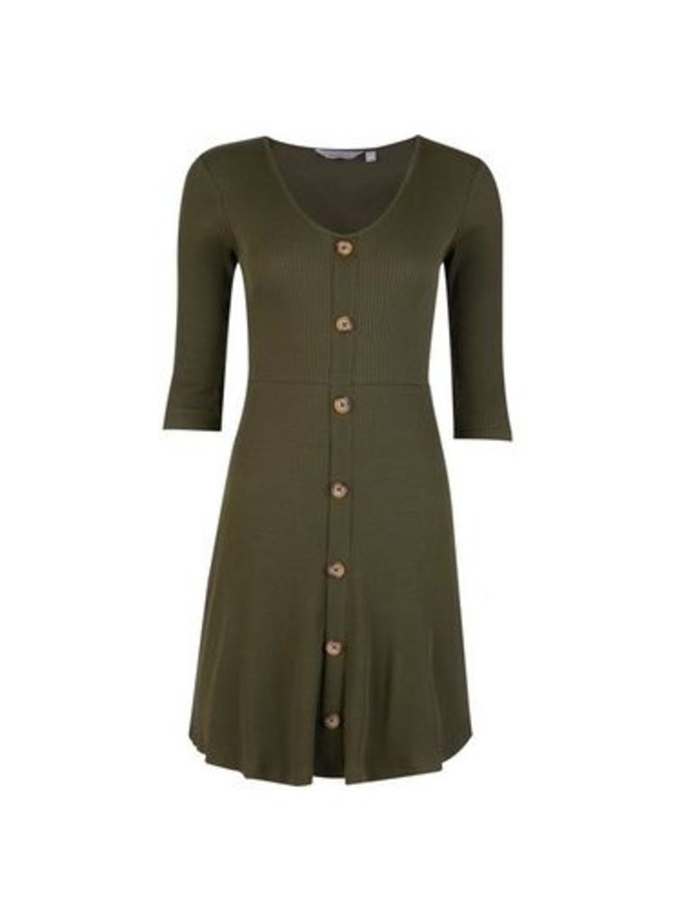 Womens Petite Khaki Ribbed Dress- Green, Green