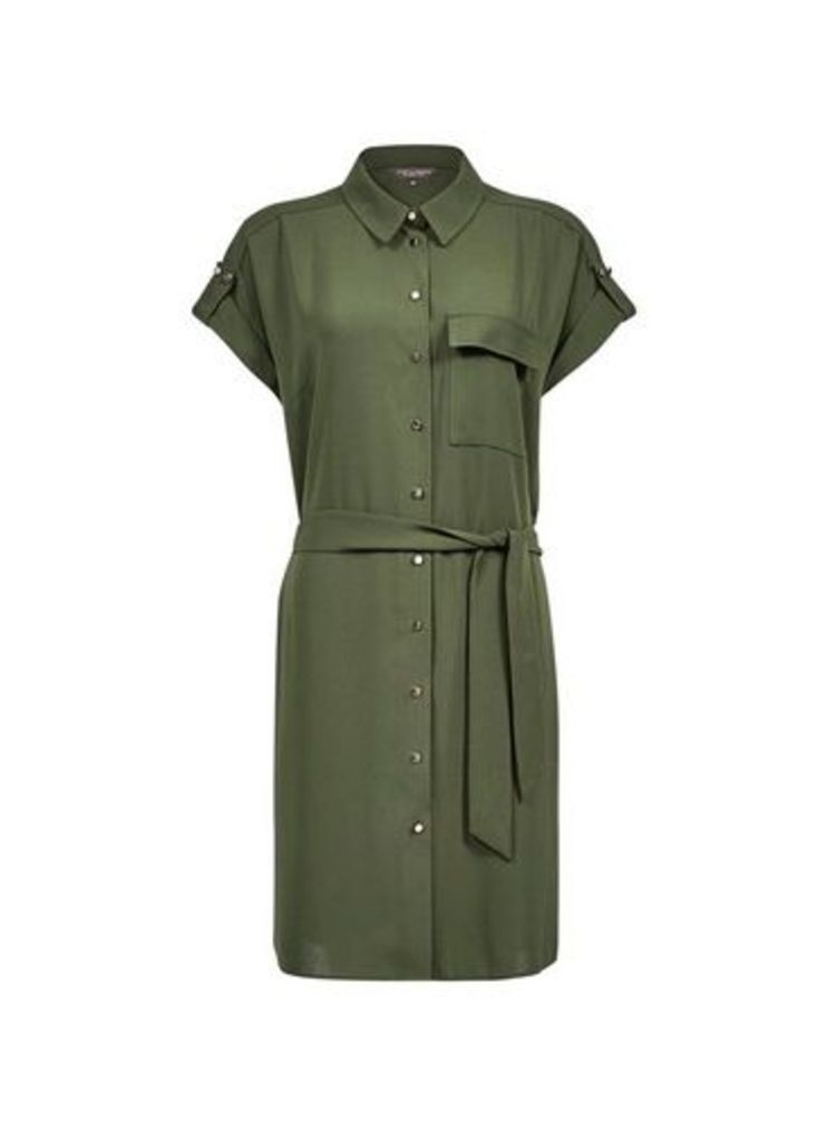 Womens Khaki Short Sleeve Shirt Dress- Khaki, Khaki