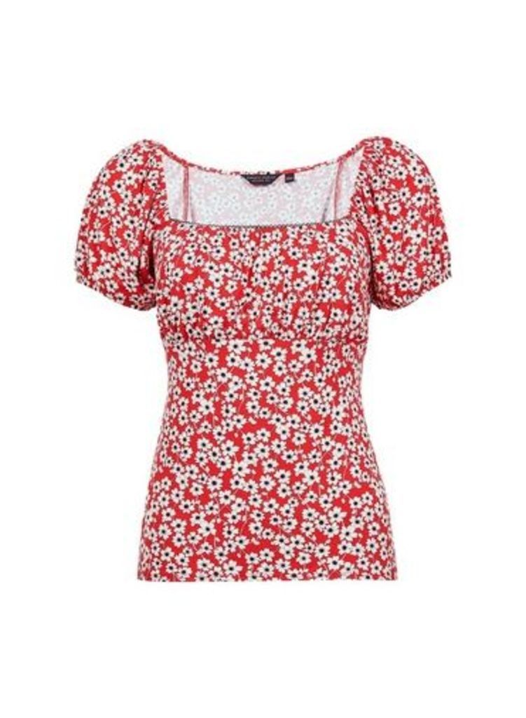 Womens Red Ditsy Print Milkmaid Top, Red