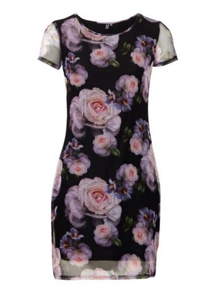 Womens *Izabel London Black Floral Print Bodycon Dress- Multi Colour, Multi Colour