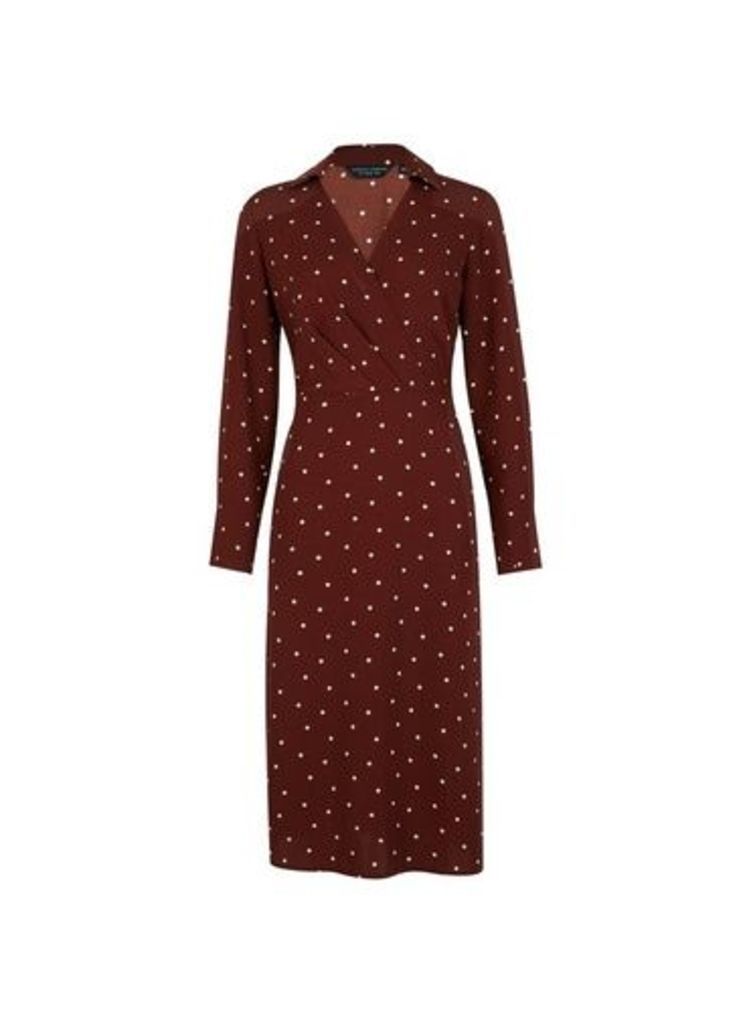 Womens Brown Spot Print Collar Midi Dress, Brown