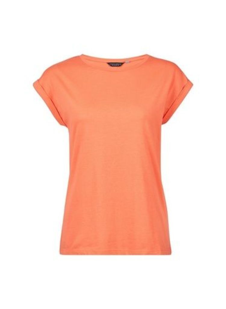 Womens Coral Roll Sleeve Cotton T-Shirt- Coral, Coral