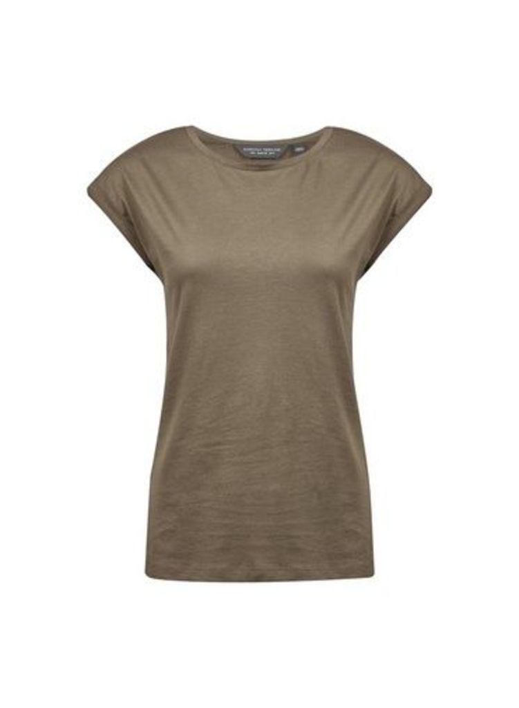 Womens Khaki Roll Sleeve Cotton T-Shirt, Khaki