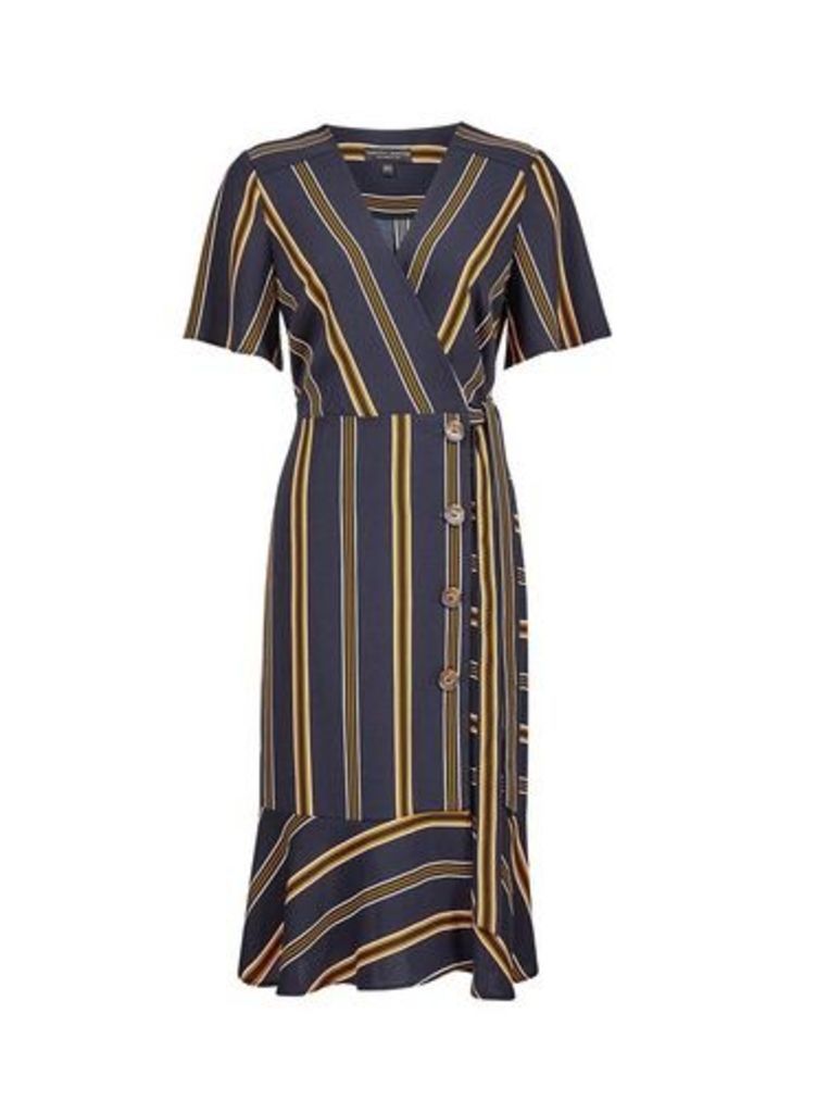 Womens Navy Stripe Print Short Sleeve Wrap Dress- Blue, Blue