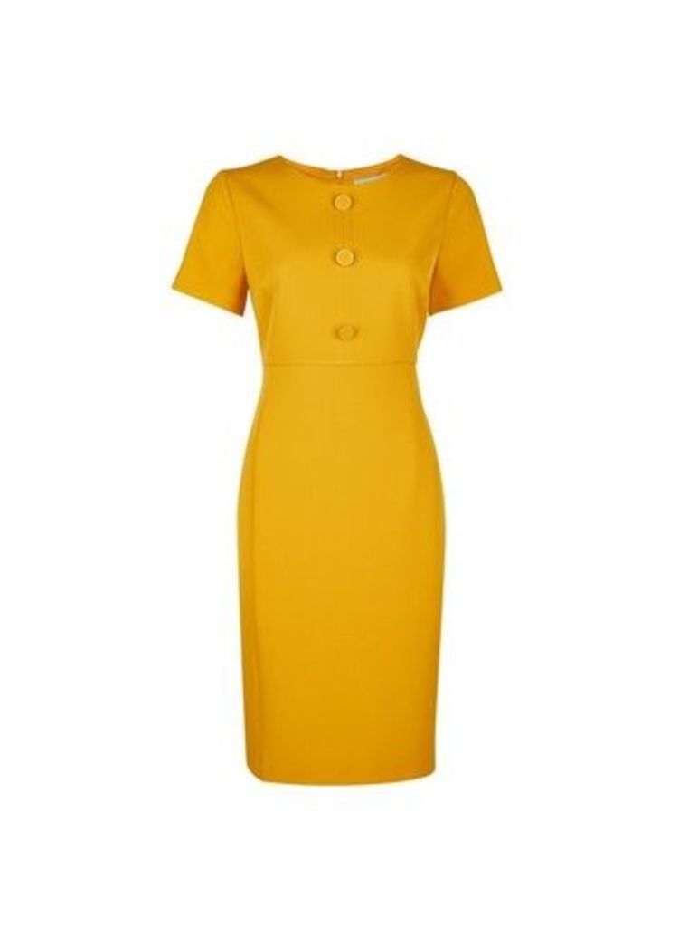 Womens Petite Yellow Button Shift Dress- Orange, Orange
