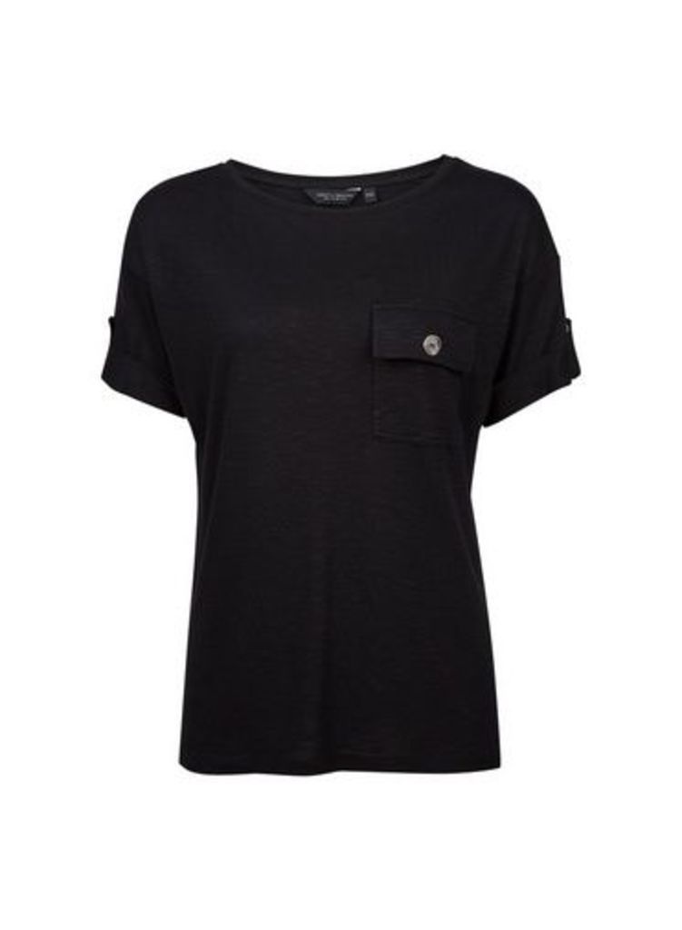 Womens Black Turnback Utility T-Shirt- Black, Black